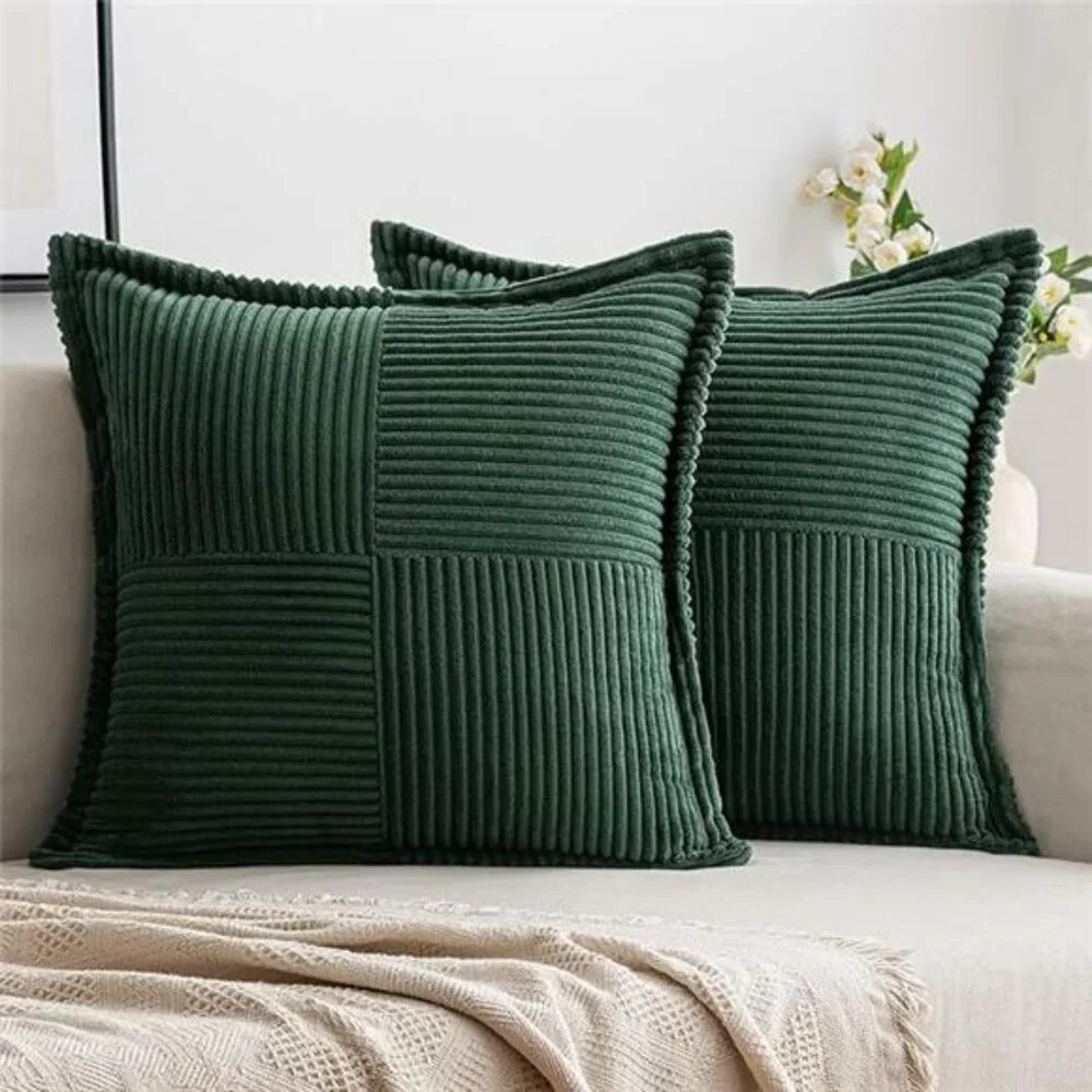 Set of 2 Dark Green Corduroy Pillow Covers,Boho Striped Decorative Cushion 18x18